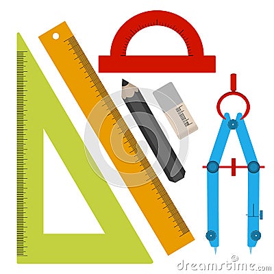 Set of tools for sketching, line, square, pencil, eraser, compass, protractor. In the style of a flat design. Cartoon Illustration