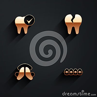 Set Tooth, Broken tooth, Dental plate and Teeth with braces icon with long shadow. Vector Stock Photo