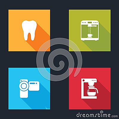 Set Tooth, Coffee machine and cup, Cinema camera and with pot icon. Vector Vector Illustration