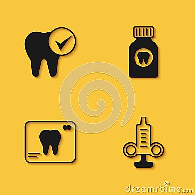 Set Tooth, Syringe, X-ray of tooth and Toothache painkiller tablet icon with long shadow. Vector Vector Illustration