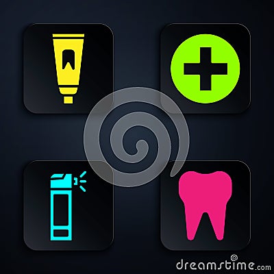 Set Tooth, Tube of toothpaste, Bottle with nozzle spray and Cross hospital medical. Black square button. Vector Vector Illustration