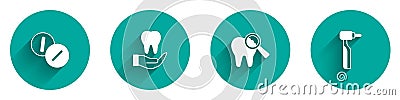 Set Toothache painkiller tablet, Broken tooth and drill icon with long shadow. Vector Vector Illustration