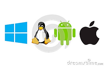 Set of top brand operating system Microsoft Linux Android Apple symbols Editorial Stock Photo