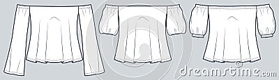 Set of Top technical fashion Illustration. Blouses fashion flat technical drawing template, puff sleeve, off shoulder Vector Illustration