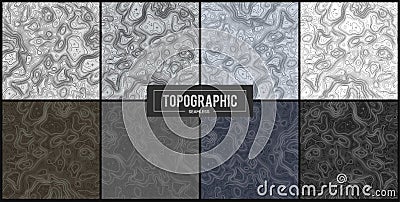 Set of 8 Topographic map contour backgrounds. Topo map with elevation. Contour map vector. Geographic World Topography Vector Illustration