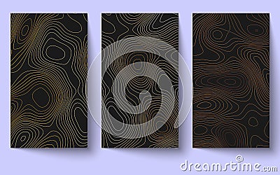 Set of Topographic Map vertical Background. Topographical style lines pattern. Abstract gold contours on dark backdrop Vector Illustration