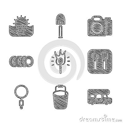 Set Torch flame, Bucket, RV motorhome vehicle, Fork and spoon, Magnifying glass, Blanket roll, Photo camera and Sunrise Vector Illustration