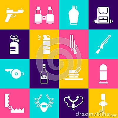 Set Torch flame, Bullet, Shotgun, Canteen water bottle, Pepper spray, Camping gas stove, Pistol and icon. Vector Vector Illustration