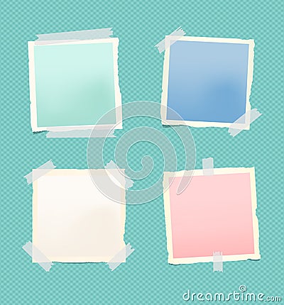 Set of torn colorful notepad paper sheet with frame stuck on squared pattern Vector Illustration