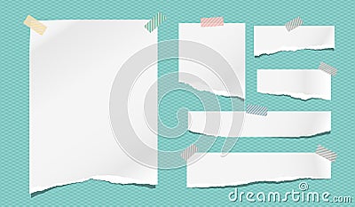 Set of torn note, notebook white paper strips stuck with sticky tape on turquoise background. Vector illustration Vector Illustration