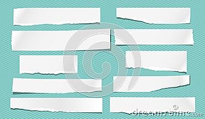 Set of torn note, notebook white paper strips stuck on turquoise background. Vector illustration Vector Illustration