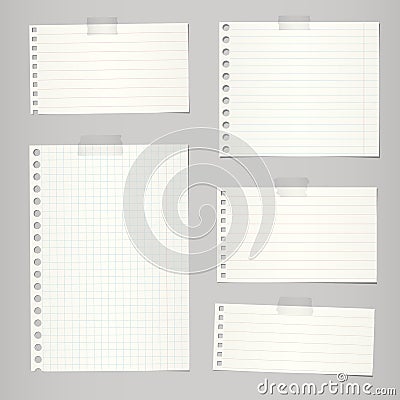 Set of torn notebook papers with lines and grid on gray background Vector Illustration