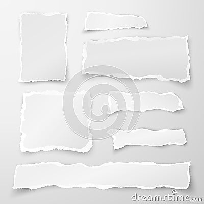 Set of torn paper pieces. Scrap paper. Object strip with shadow isolated on gray background. Vector Vector Illustration