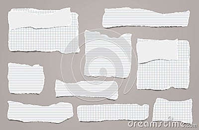 Set of torn white lined note, notebook paper strips and pieces stuck on light brown background. Vector illustration Vector Illustration