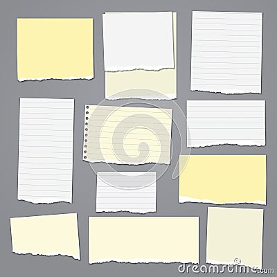 Set of torn white, and yellow lined note, notebook paper strips and pieces with soft shadow stuck on dark grey Vector Illustration