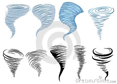 Set of tornadoes. Collection of stylized tornadoes. Vector illustration of a weather cataclysm. Hurricane. Vector Illustration