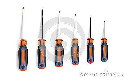 Set torx screwdrivers isolated on white background. Chrome objects top view. Vector illustration Vector Illustration