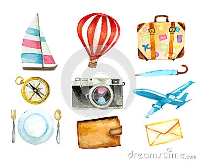 Set of tourism icons. watercolor hand drawn vector illustration Vector Illustration