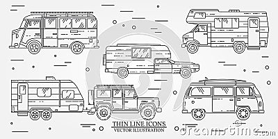 Set of Tourist bus, SUV, trailer, jeep, RV camper trailer, Traveler truck. Summer trip family travel concept. Thin line icon. Ve Vector Illustration