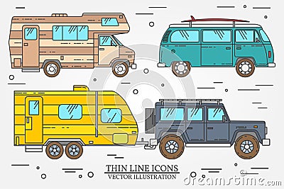 Set of Tourist bus, SUV, trailer, jeep, RV camper trailer, Traveler truck. Summer trip family travel concept. Thin line icon. Vector Illustration