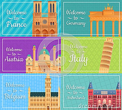 set of tourist cards with landmarks of different European countries Cartoon Illustration