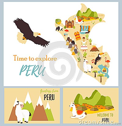 Set of tourist cards of Peru with landmarks. Vector Illustration