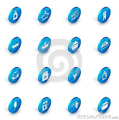 Set Towel on hanger, stack, Clothes pin, Temperature wash, Basin with shirt, Brush for cleaning and soap suds icon Vector Illustration