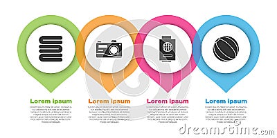 Set Towel stack, Photo camera, Passport with ticket and Beach ball. Business infographic template. Vector Vector Illustration