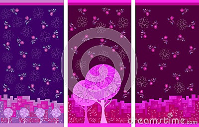 Set of towels with flowers and city panorama. Beautiful design with floral motifs Vector Illustration