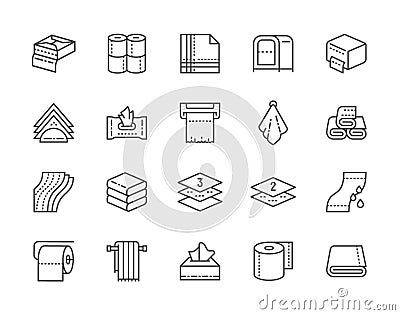 Set of Towels and Napkins Line Icons. Toilet Rolls, Holder, Hand Dryer and more. Vector Illustration