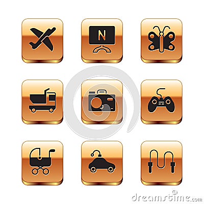 Set Toy plane, Baby stroller, Radio controlled car toy, Photo camera, truck, Butterfly, Jump rope and Smart Tv icon Stock Photo