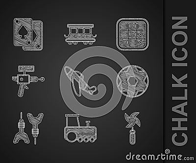 Set Toy plane, train, Pinwheel toy, Soccer football ball, Dart arrow, Ray gun, Tic tac toe game and Playing cards icon Vector Illustration