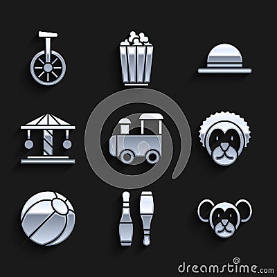 Set Toy train, Bowling pin, Monkey, Wild lion, Beach ball, Attraction carousel, Clown hat and Unicycle or one wheel Stock Photo