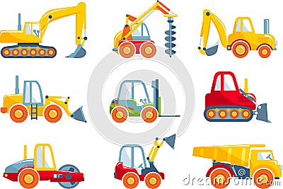 Set of toys heavy construction machines in a flat Vector Illustration