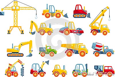 Set of toys heavy construction machines in a flat Vector Illustration