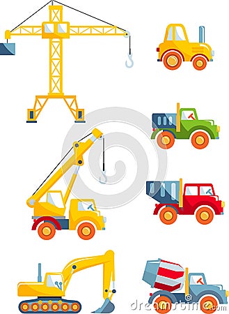 Set of toys heavy construction machines in a flat style. Vector Illustration