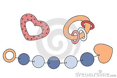 A set of toys for newborns made from natural materials, rattles, teethers for baby care, infant thing Vector Illustration