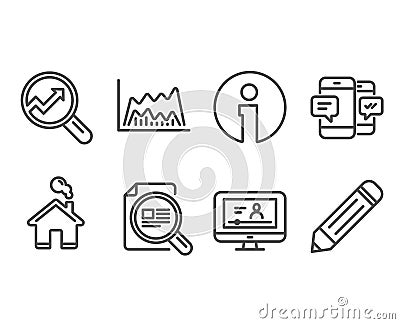 Trade chart, Smartphone sms and Check article icons. Analytics, Online video and Pencil signs. Vector Illustration