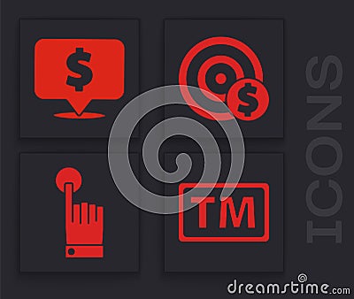 Set Trademark, Speech bubble with dollar, Target with dollar symbol and Hand touch and tap gesture icon. Vector Vector Illustration