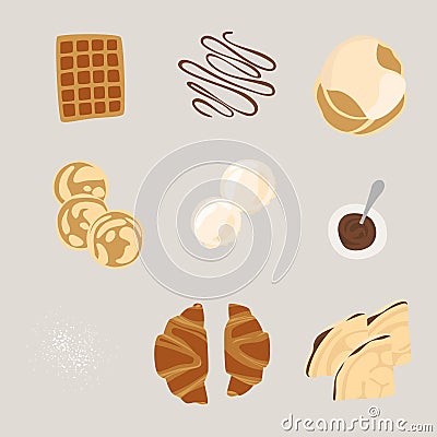 Set of traditional baked goods. Bake product for lunch, breakfast. Belgian waffles, pancakes, ice cream, chocolate paste and Vector Illustration