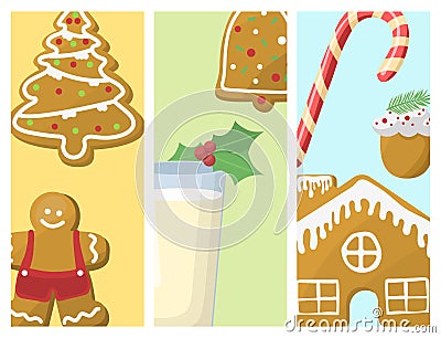 Traditional christmas food cards desserts holiday decoration xmas sweet celebration meal vector illustration. Vector Illustration