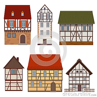 Set of traditional facades of a half-timbered medieval houses on Vector Illustration