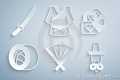 Set Traditional fan, Lock with heart, Sushi, Korean hat, Kimono and Katana icon. Vector Vector Illustration