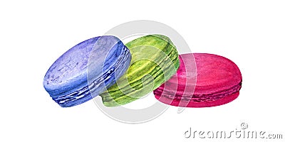 Set of traditional French macarons. Colorful Almond cookies, macaroon cake. Blue, green and red sweet dessert. Watercolor Cartoon Illustration