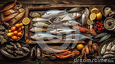 Traditional italian fish food on rustic wooden table, flat lay, top view, AI generative Stock Photo