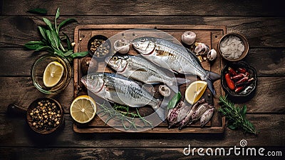 Traditional italian fish food on rustic wooden table, flat lay, top view, AI generative Stock Photo