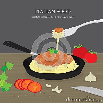 Set of Traditional Italian food, Spaghetti Bolognese Pasta with Tomato Sauce. Cartoon Vector illustration Vector Illustration