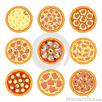 Set of traditional Italian pizzas isolated on white background. Different ingredients. Vector illustration in flat style. Vector Illustration