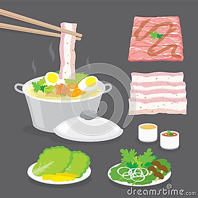 Set of Traditional Japanese food, hot pot, shabu-shabu, sukiyaki with vegetables, bacon, pork, meat slide and sauce. Cartoon Vecto Vector Illustration