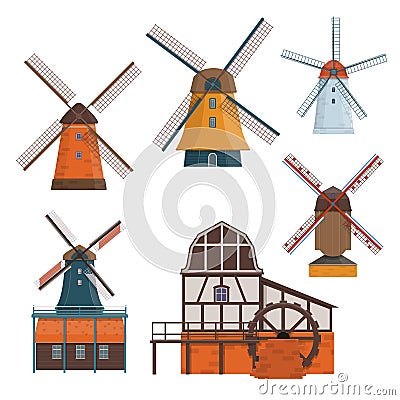 Set of traditional rural windmill and watermill Vector Illustration